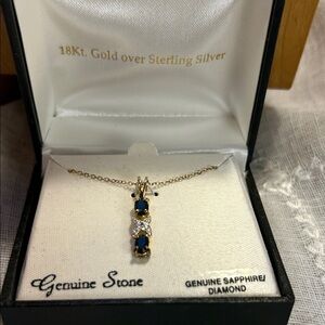 NWT 18k gold over sterling silver sapphire diamond pendant with chain